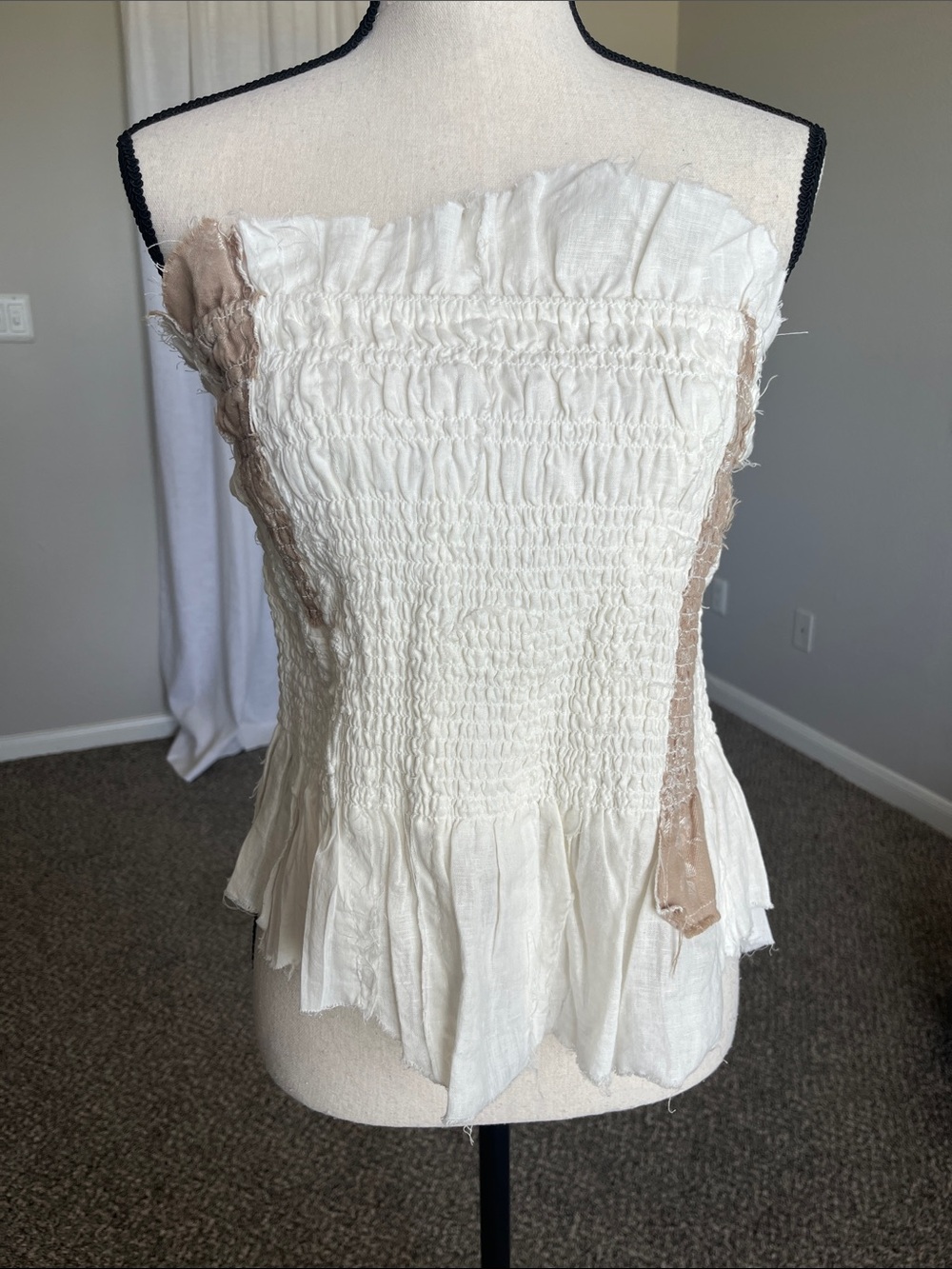 Anthropologie Asymmetrical Cotton Patchwork Smocked Strapless Top Large NWT